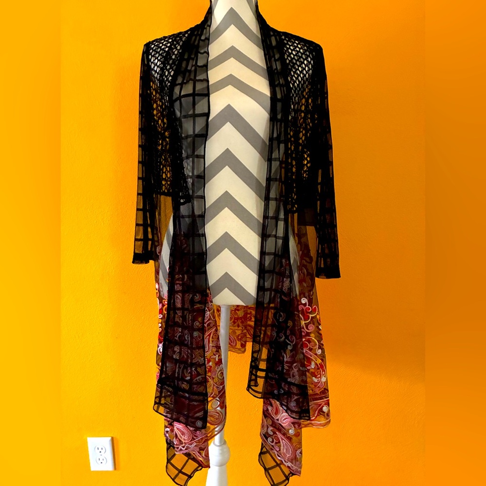 Multiples Embroidered Black Sheer Open Cardigan